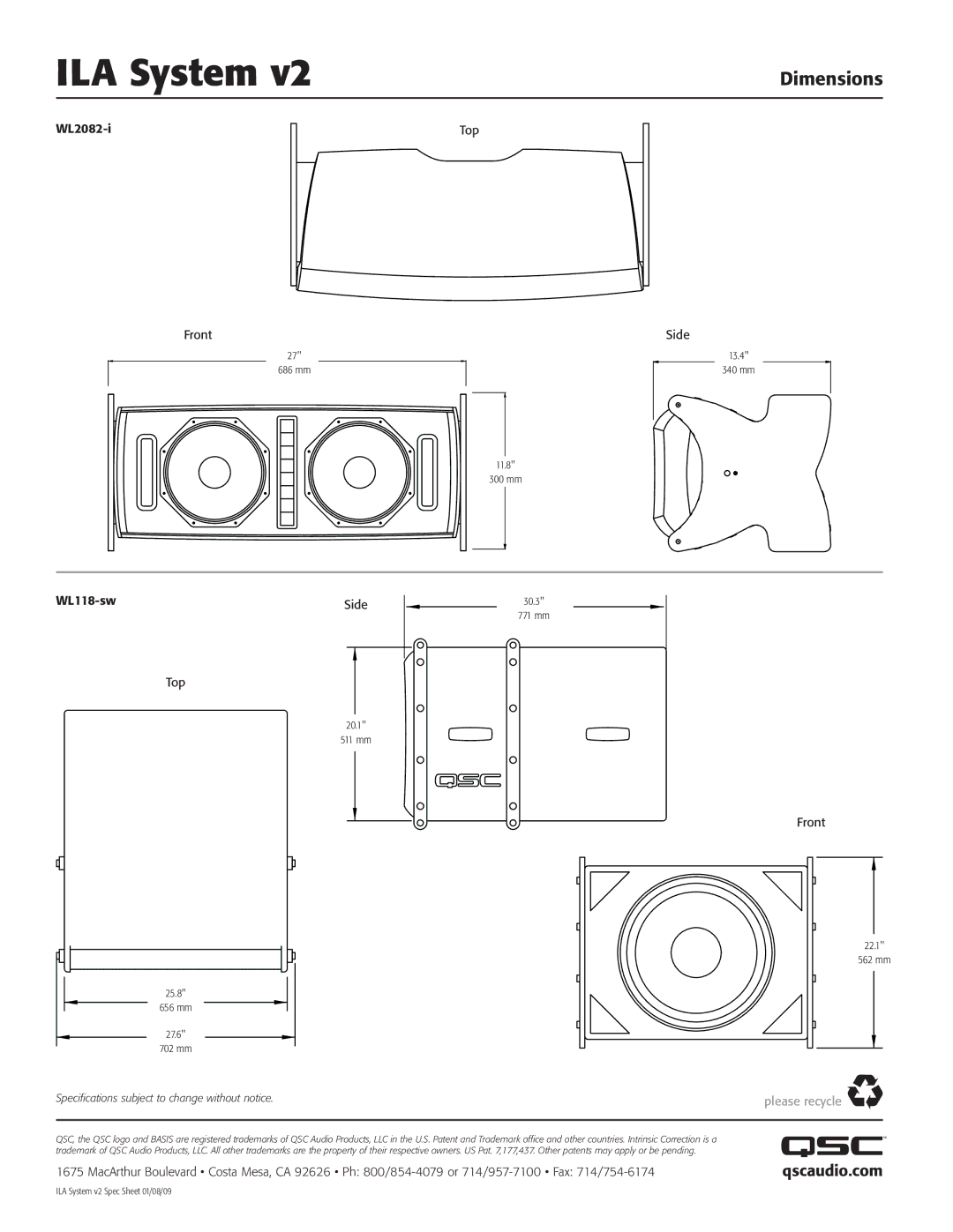 QSC Audio WL-2082-i, WL118-SW owner manual Dimensions, Front, Side, Top 