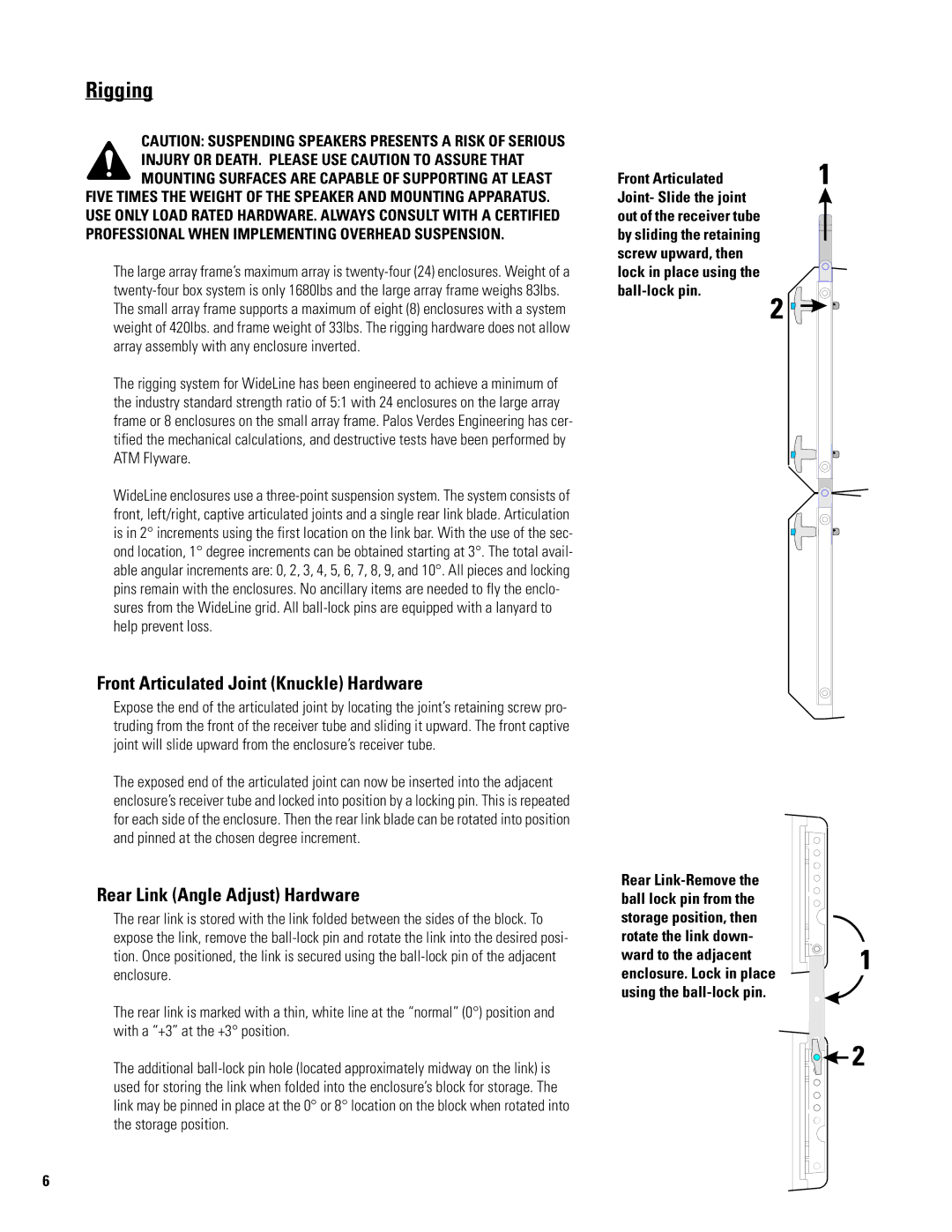 QSC Audio WL 2102 user manual Rigging, Front Articulated Joint Knuckle Hardware, Rear Link Angle Adjust Hardware 