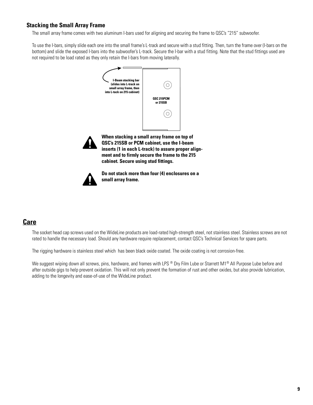 QSC Audio WL 2102 user manual Care, Stacking the Small Array Frame 