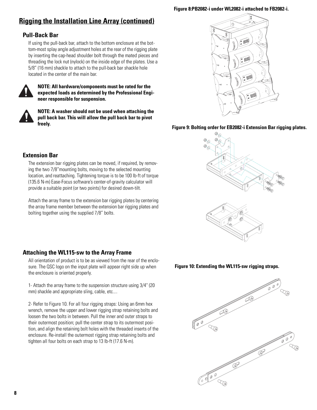 QSC Audio WL115-SW, WL2082-I, PB2082-I, FB2082-I Pull-Back Bar, Extension Bar, Attaching the WL115-sw to the Array Frame 