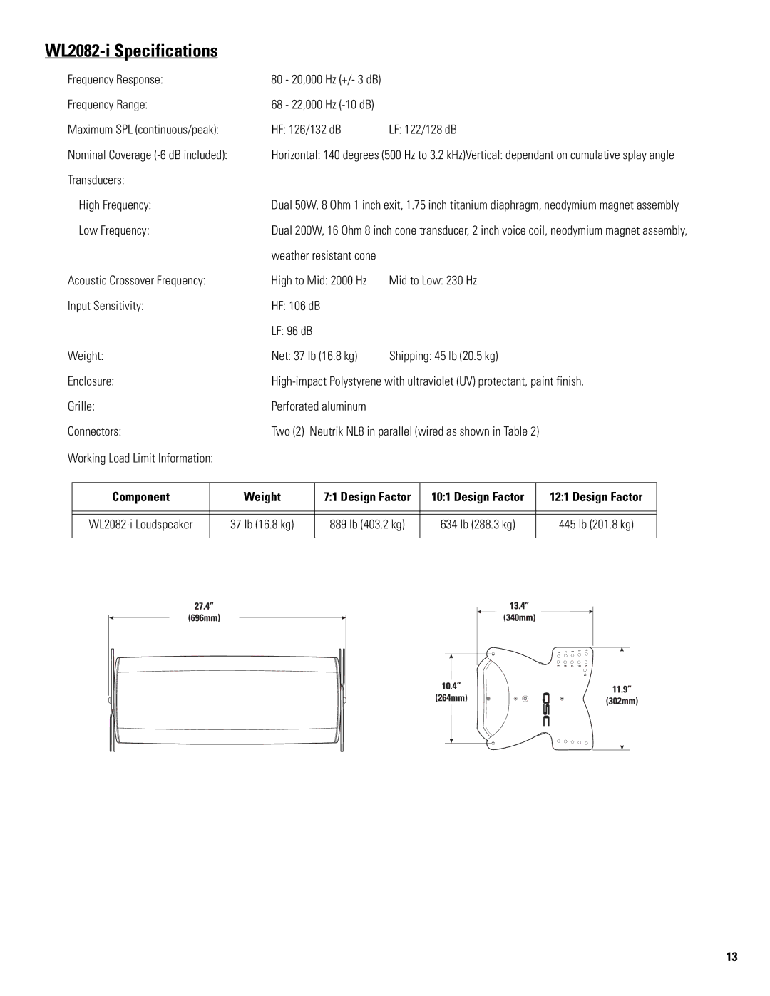 QSC Audio PB2082-I, WL2082-I, WL115-SW, FB2082-I, GS115-SW, EB2082-I user manual WL2082-i Specifications, Component Weight 