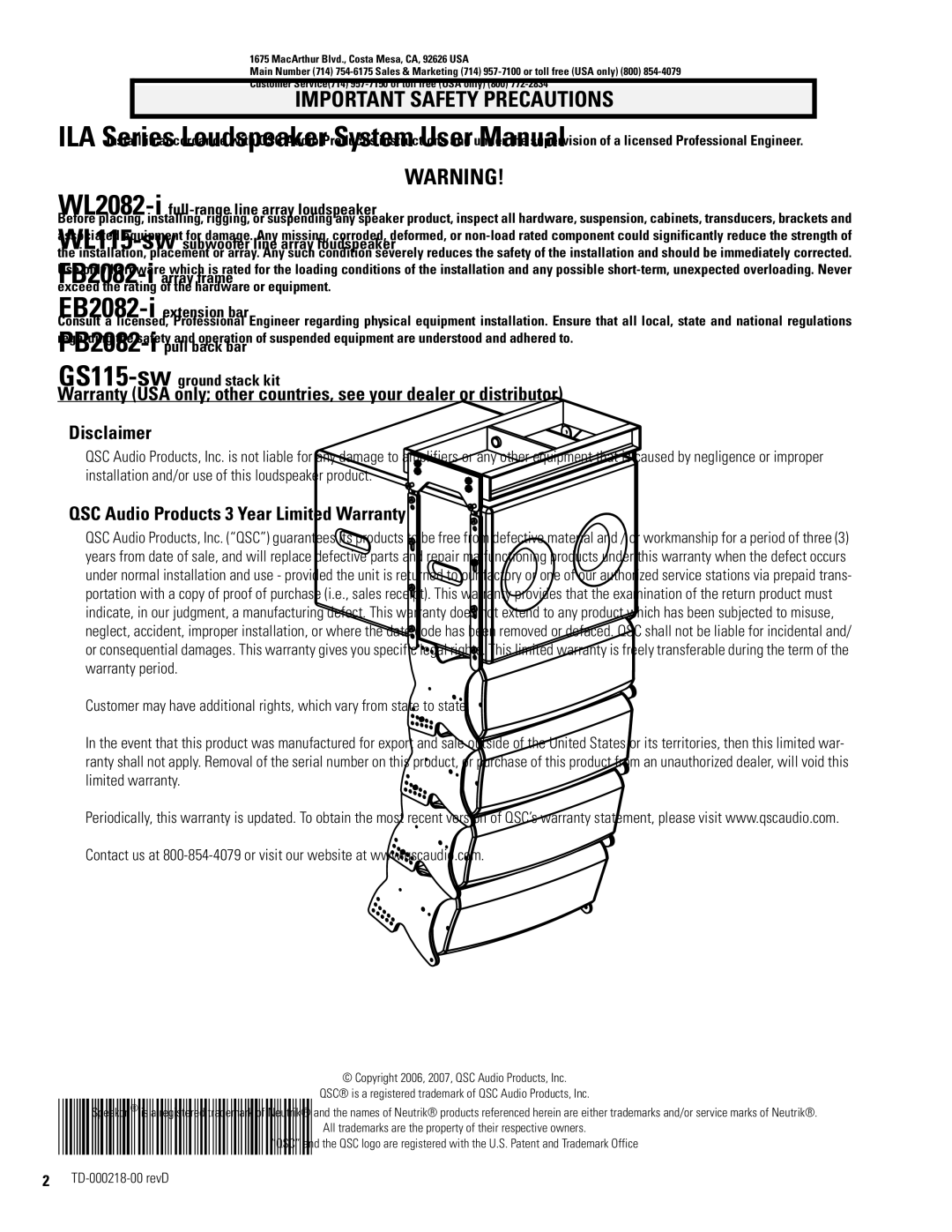 QSC Audio WL115-SW, WL2082-I, PB2082-I, FB2082-I Important Safety Precautions, QSC Audio Products 3 Year Limited Warranty 