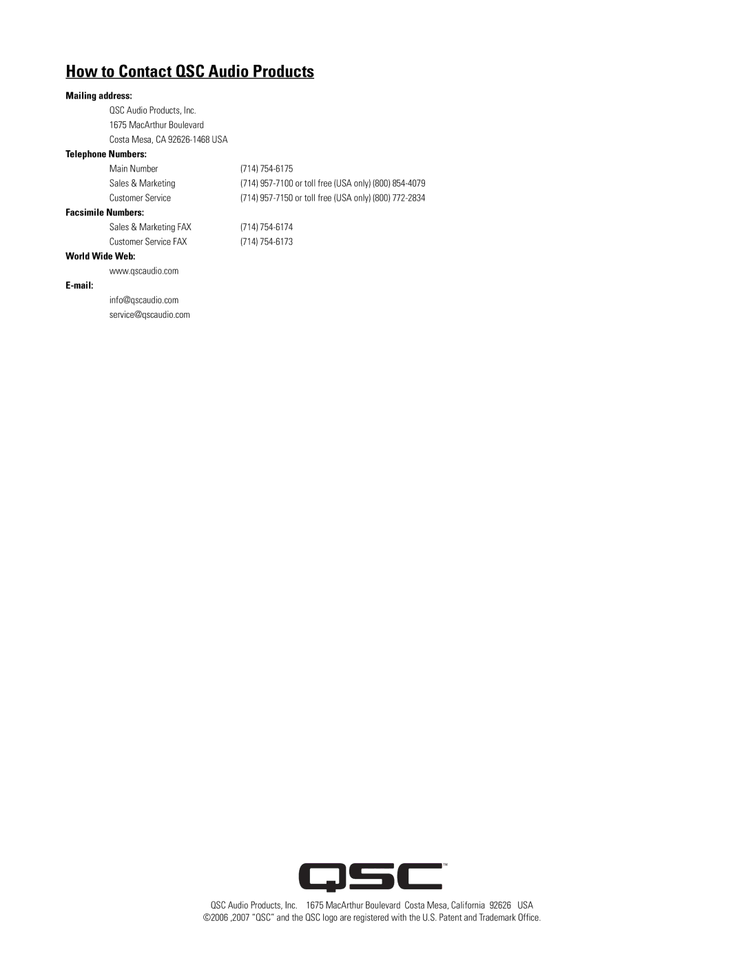 QSC Audio WL115-SW, WL2082-I, PB2082-I, FB2082-I, GS115-SW, EB2082-I How to Contact QSC Audio Products, Telephone Numbers 