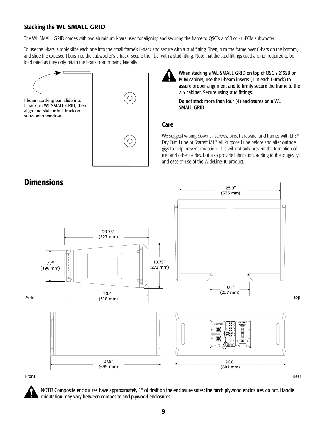 QSC Audio TD-000-227-00-C, WL2102-w, AF2102-LA user manual Dimensions, Stacking the WL Small Grid, Care 