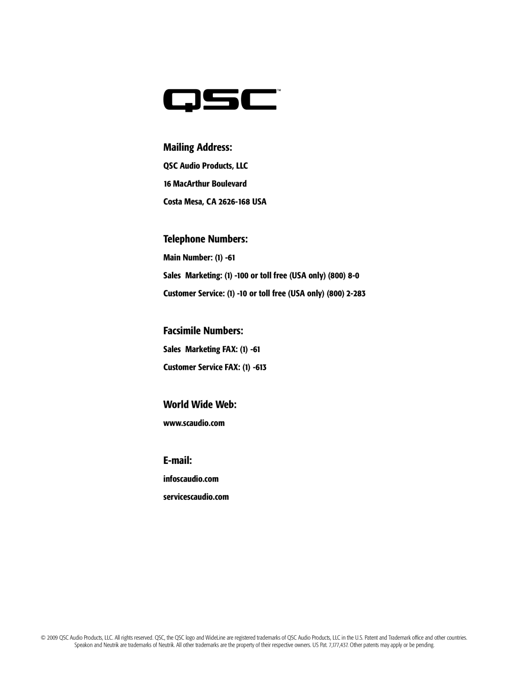 QSC Audio WL2102-w, WL Small Grid, AF2102-LA Mailing Address, Telephone Numbers, Facsimile Numbers, World Wide Web Mail 