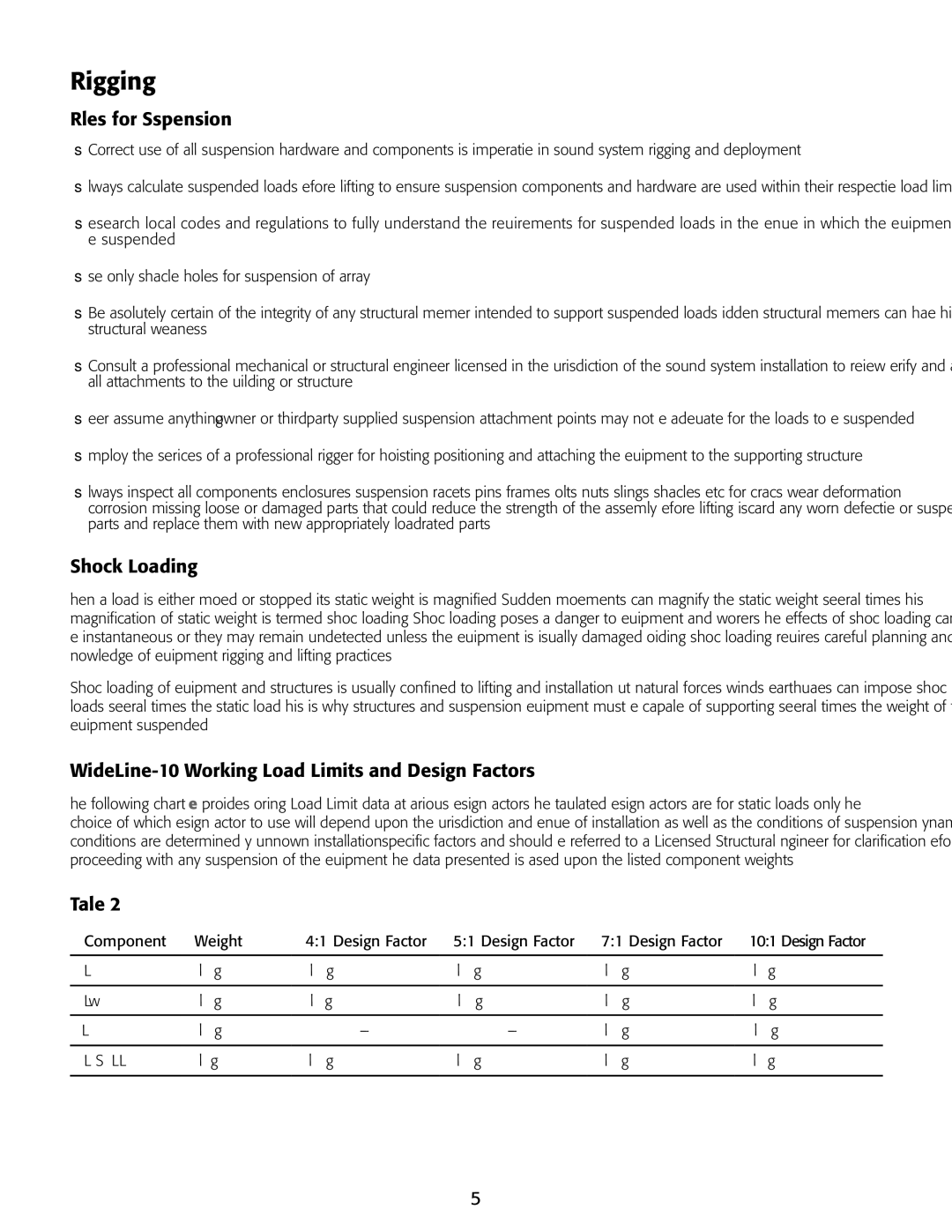 QSC Audio TD-000-227-00-C Rigging, Rules for Suspension, Shock Loading, WideLine-10 Working Load Limits and Design Factors 