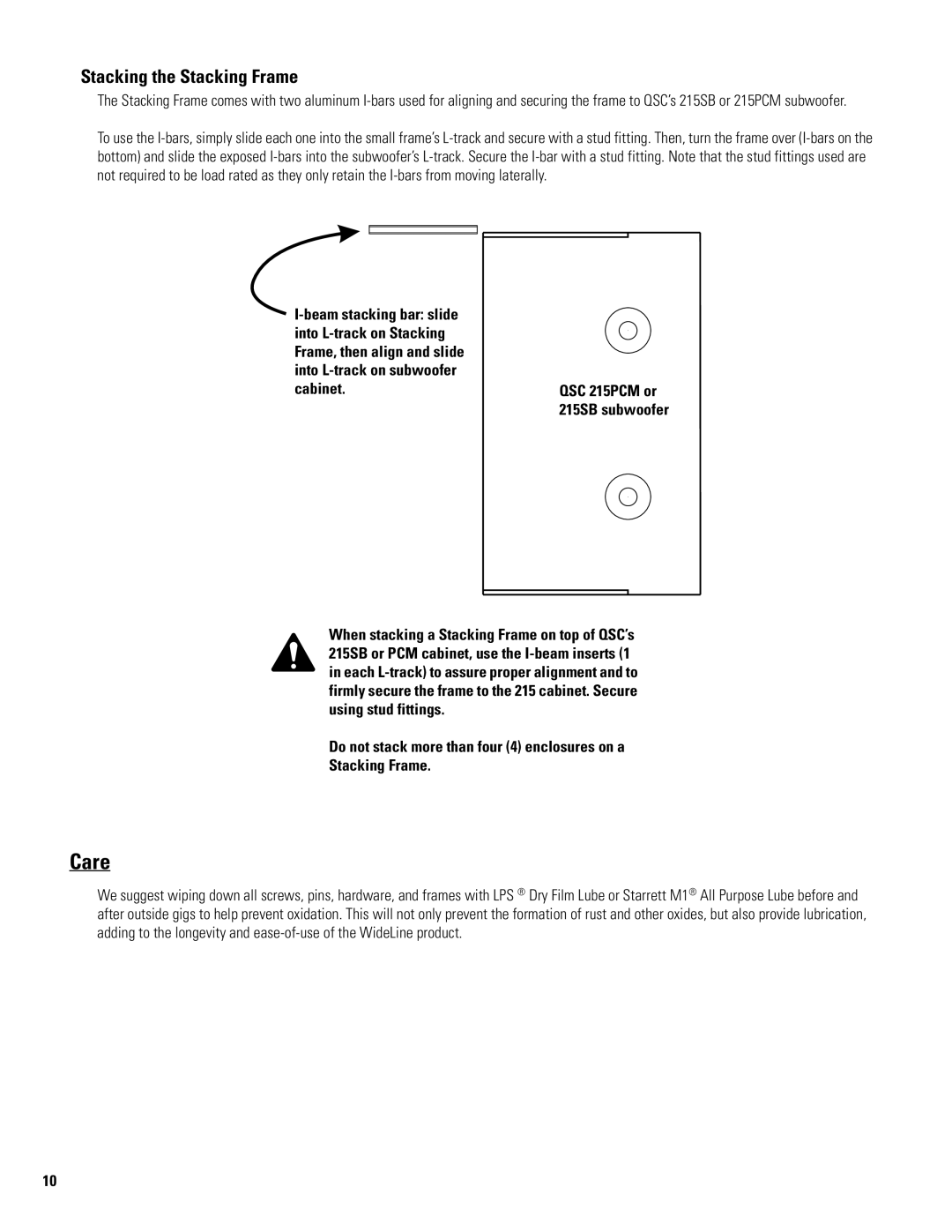 QSC Audio WL2102-w user manual Care, Stacking the Stacking Frame 