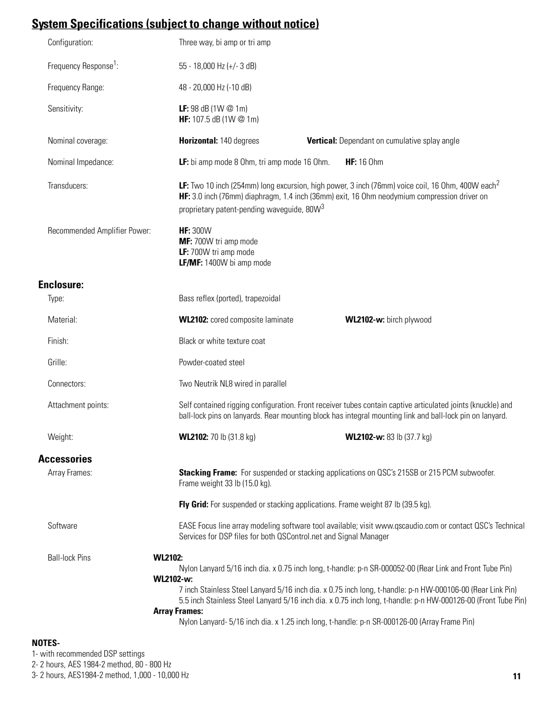 QSC Audio WL2102-w user manual System Specifications subject to change without notice, Enclosure, Accessories 