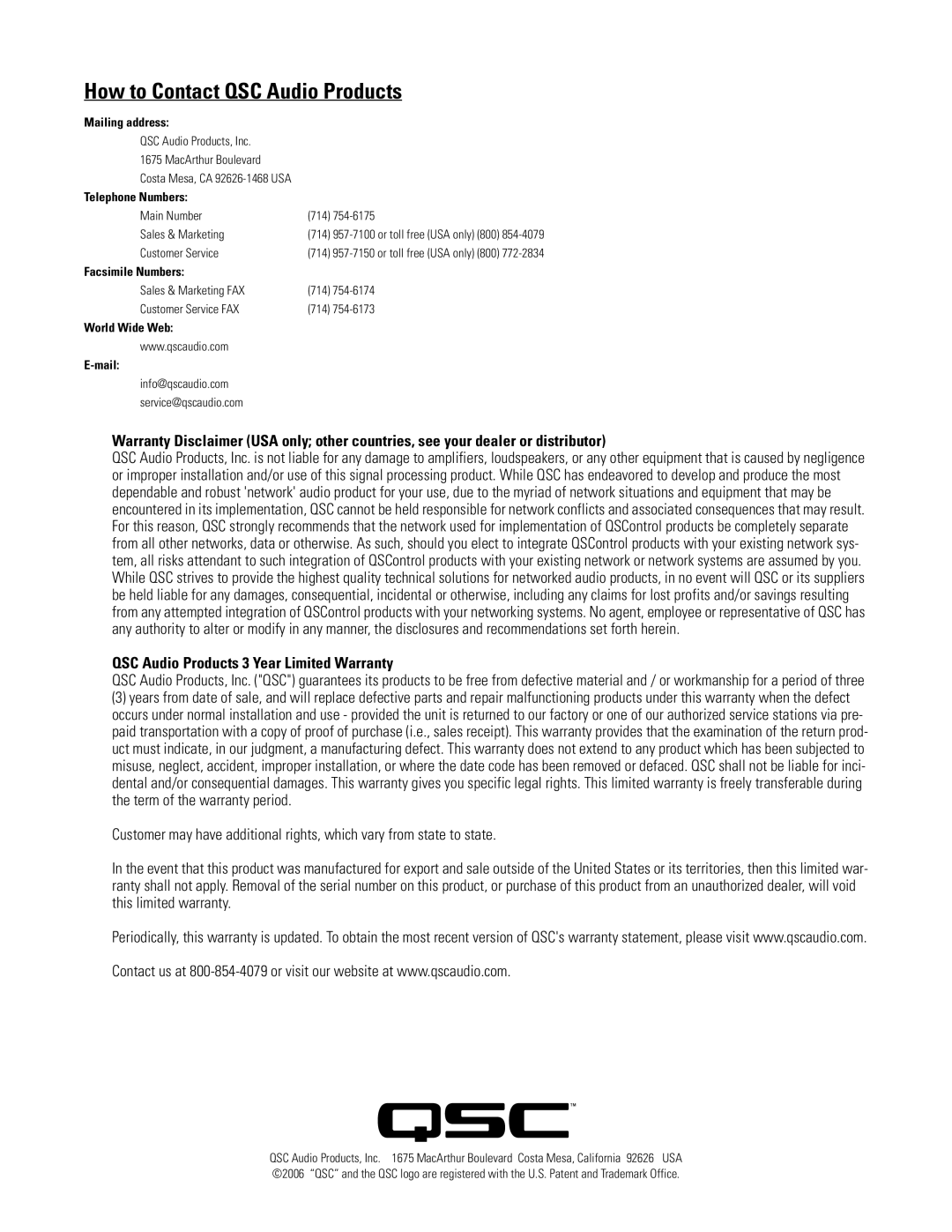 QSC Audio WL2102-w user manual How to Contact QSC Audio Products, Telephone Numbers 