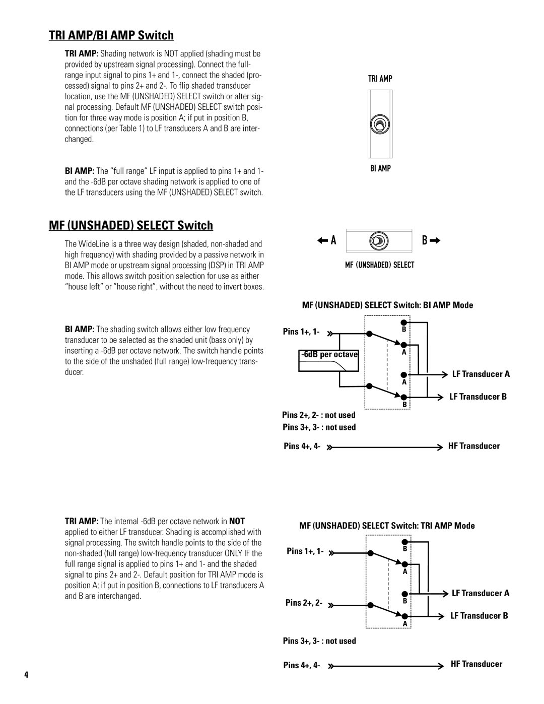 QSC Audio WL2102-w user manual TRI AMP/BI AMP Switch, MF Unshaded Select Switch BI AMP Mode, Pins 1+ 