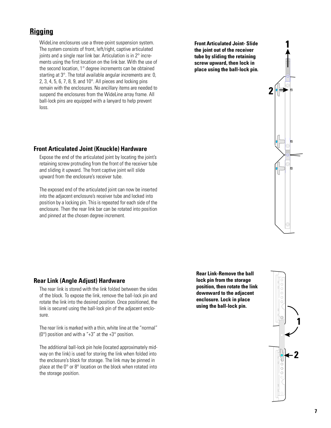 QSC Audio WL2102-w user manual Front Articulated Joint Knuckle Hardware, Rear Link Angle Adjust Hardware 