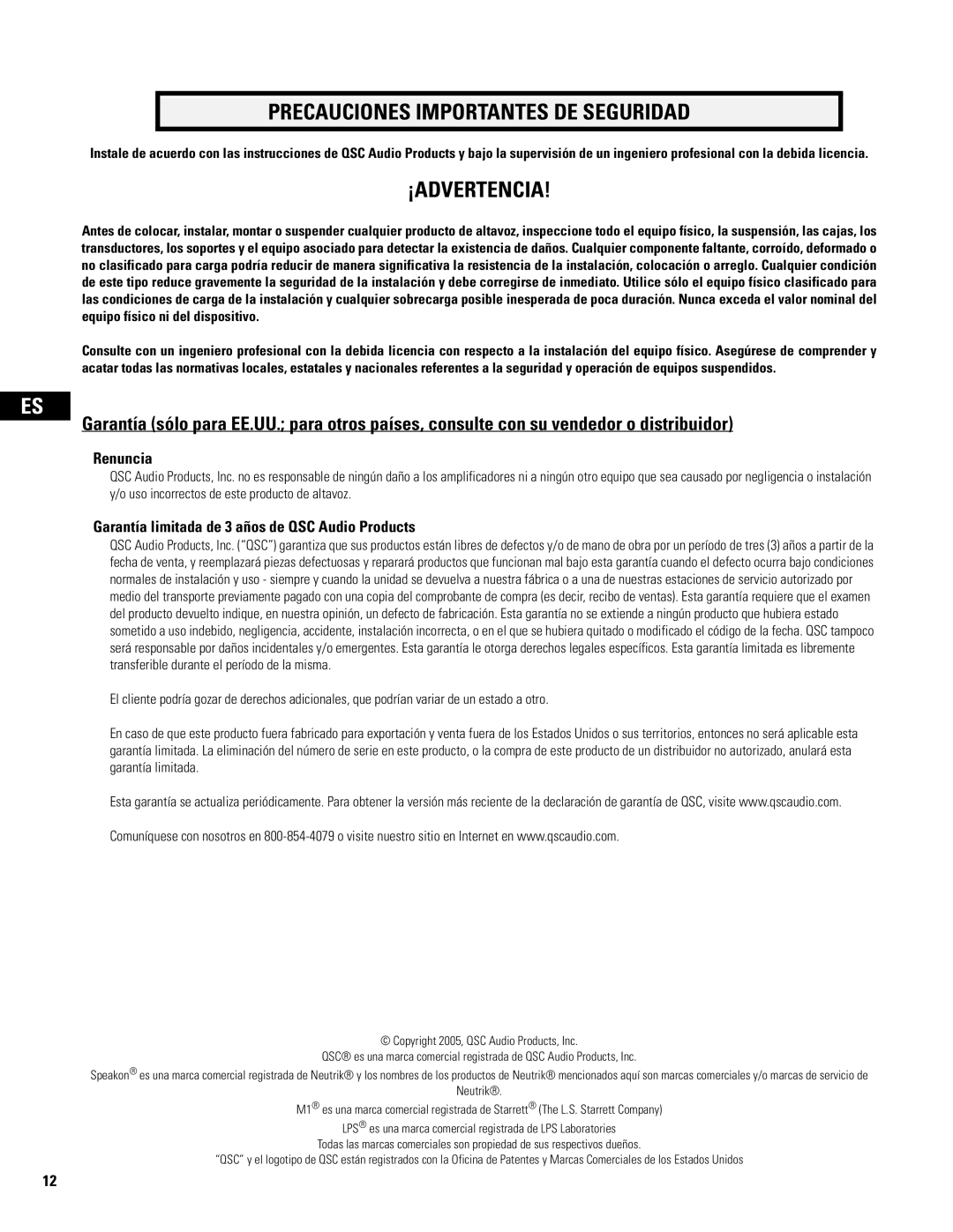 QSC Audio WL2102 user manual Renuncia, Garantía limitada de 3 años de QSC Audio Products 