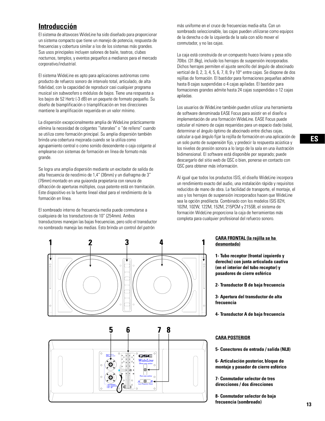 QSC Audio WL2102 user manual Introducción, Cara Frontal la rejilla se ha desmontado 