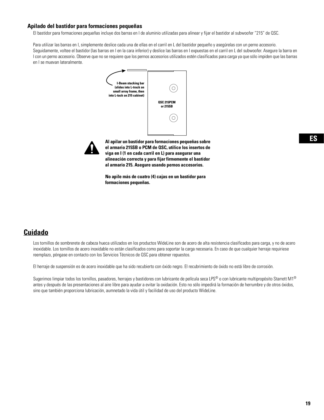 QSC Audio WL2102 user manual Cuidado, Apilado del bastidor para formaciones pequeñas 