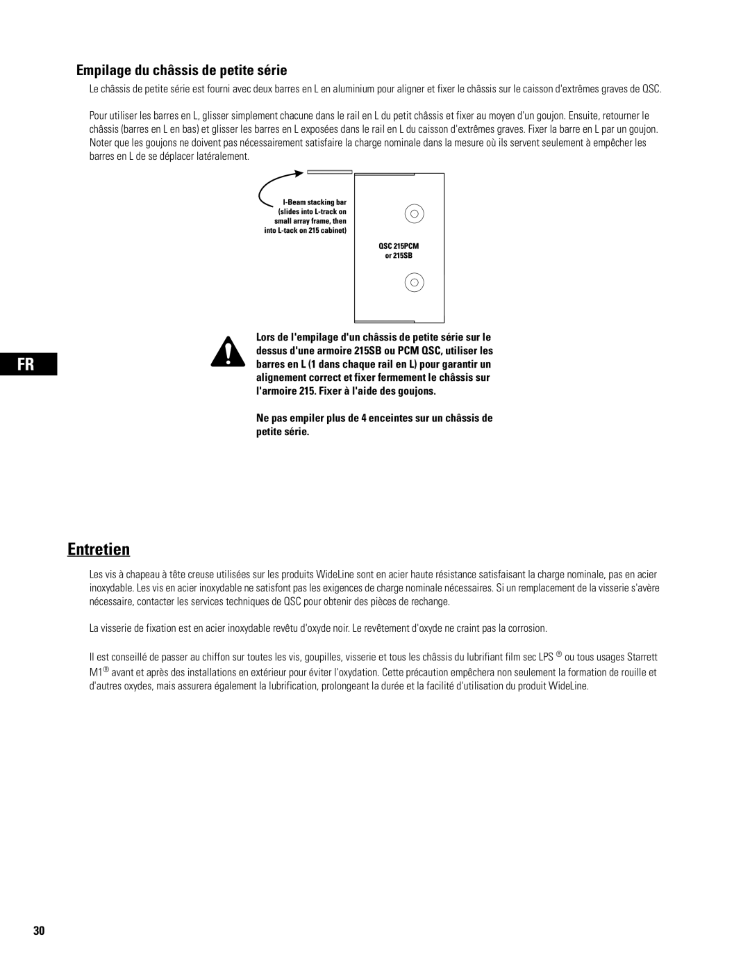 QSC Audio WL2102 user manual Entretien, Empilage du châssis de petite série 