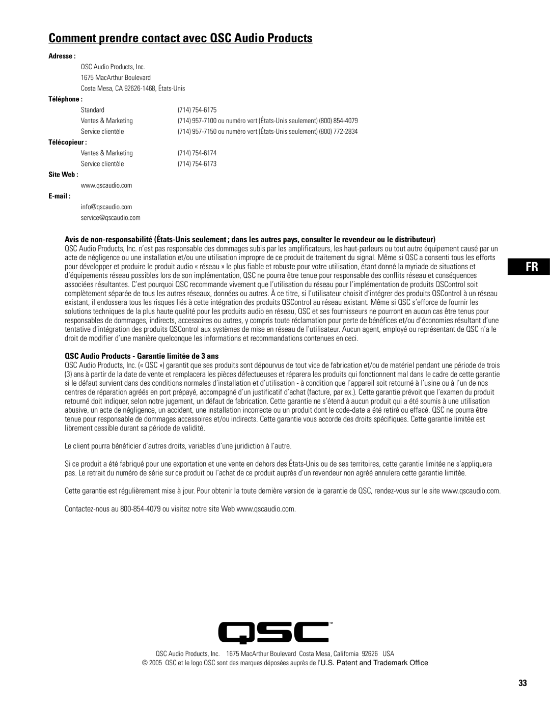 QSC Audio WL2102 user manual Comment prendre contact avec QSC Audio Products, Téléphone 