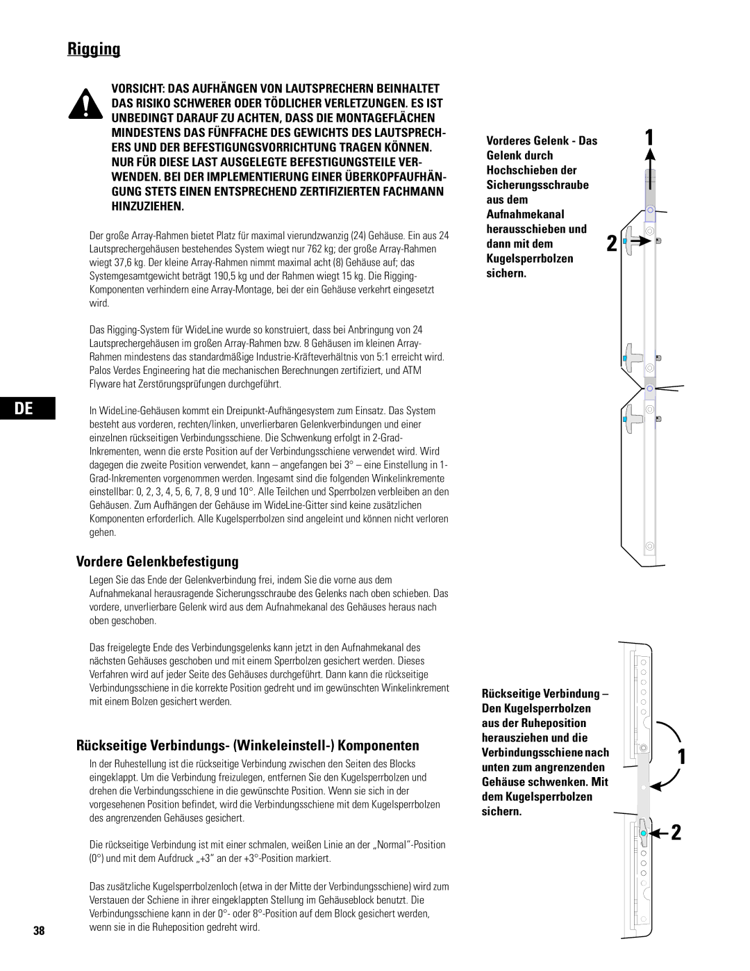 QSC Audio WL2102 user manual Vordere Gelenkbefestigung, NUR FÜR Diese Last Ausgelegte Befestigungsteile VER 