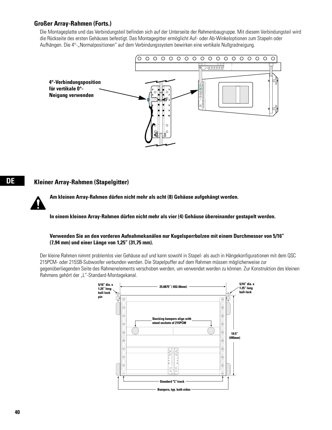 QSC Audio WL2102 user manual Großer Array-Rahmen Forts, Kleiner Array-Rahmen Stapelgitter 