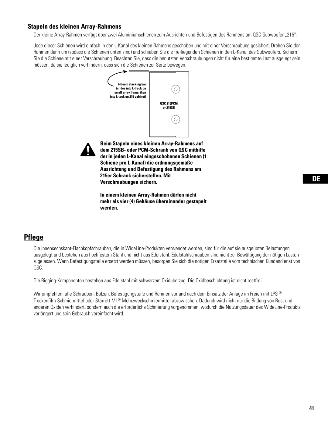 QSC Audio WL2102 user manual Pflege, Stapeln des kleinen Array-Rahmens 