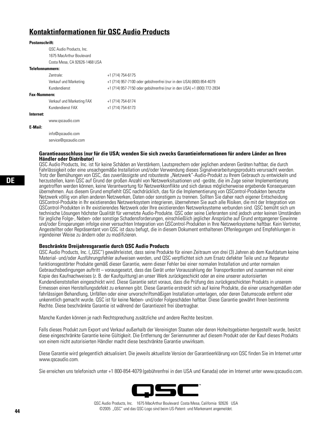 QSC Audio WL2102 user manual Kontaktinformationen für QSC Audio Products, Telefonnummern 