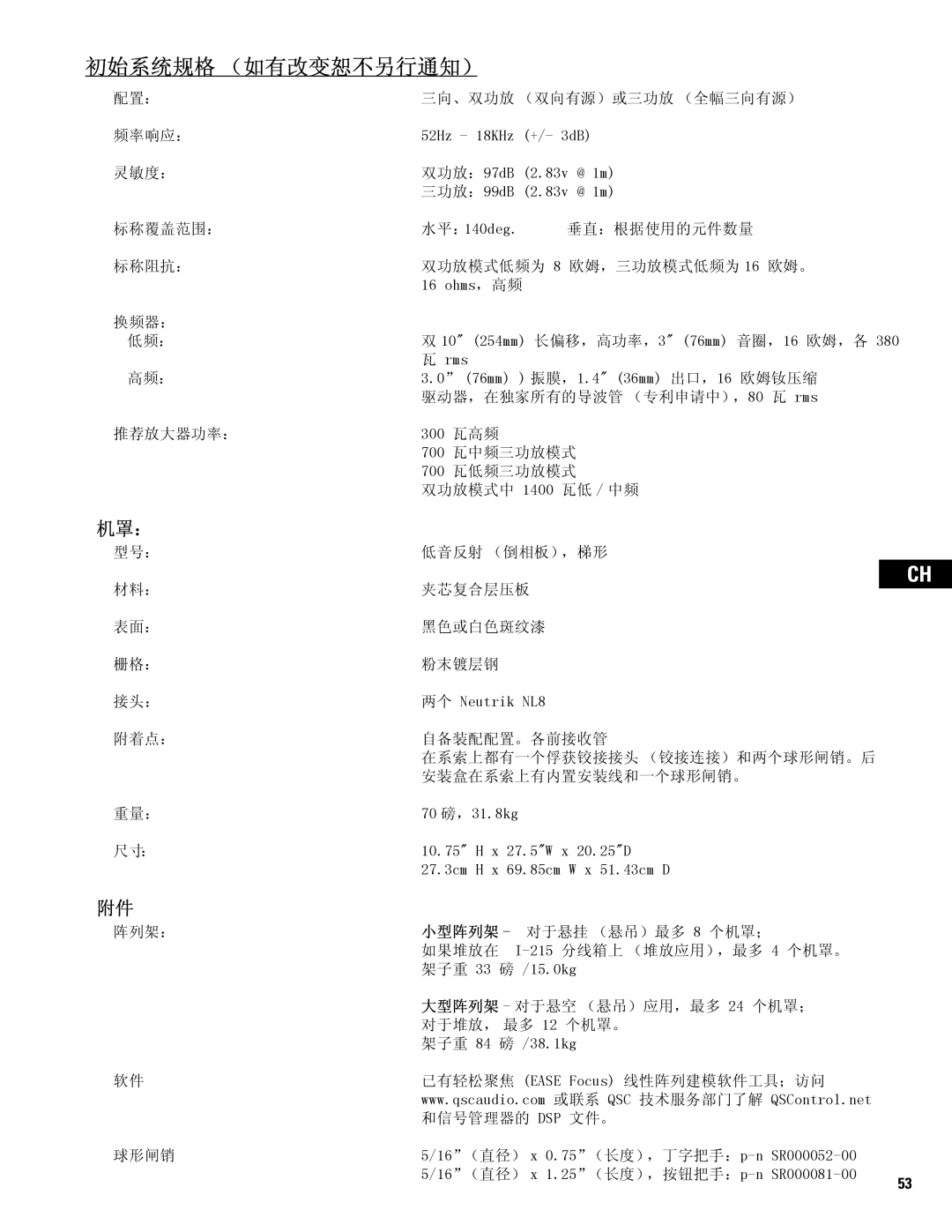 QSC Audio WL2102 user manual 初始系统规格 （如有改变恕不另行通知） 