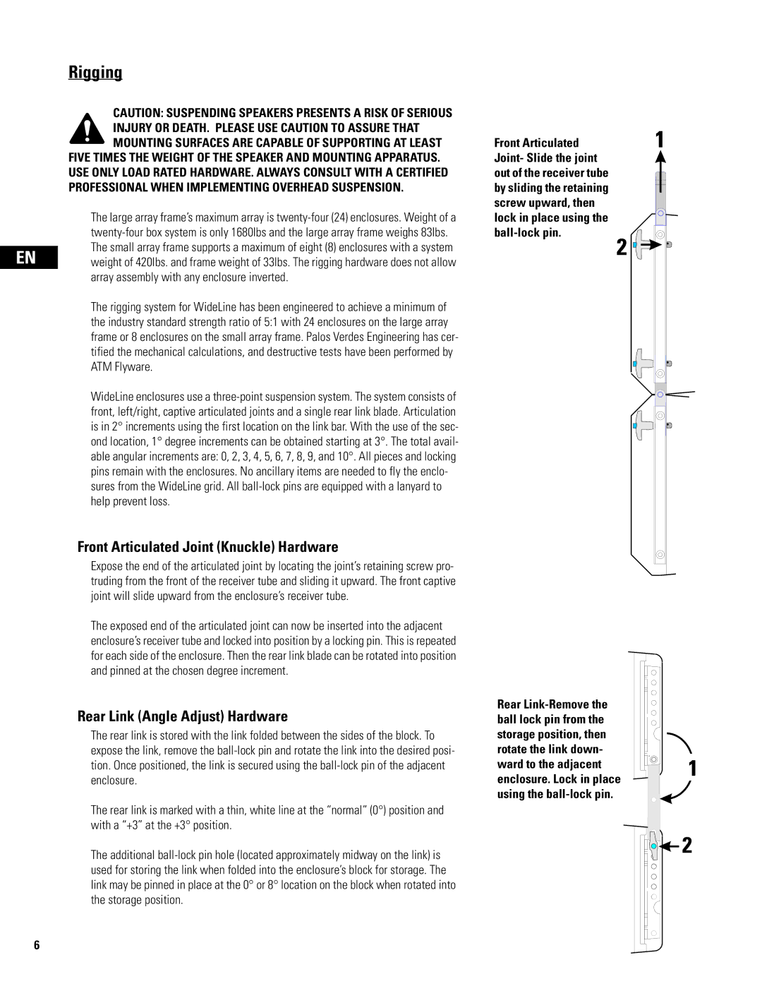 QSC Audio WL2102 user manual Rigging, Front Articulated Joint Knuckle Hardware, Rear Link Angle Adjust Hardware 