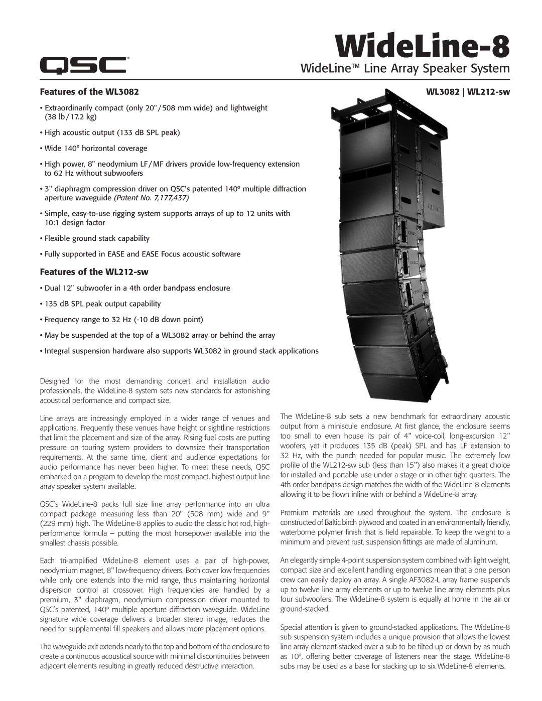 QSC Audio manual Features of the WL3082 WL3082 WL212-sw, Features of the WL212-sw 