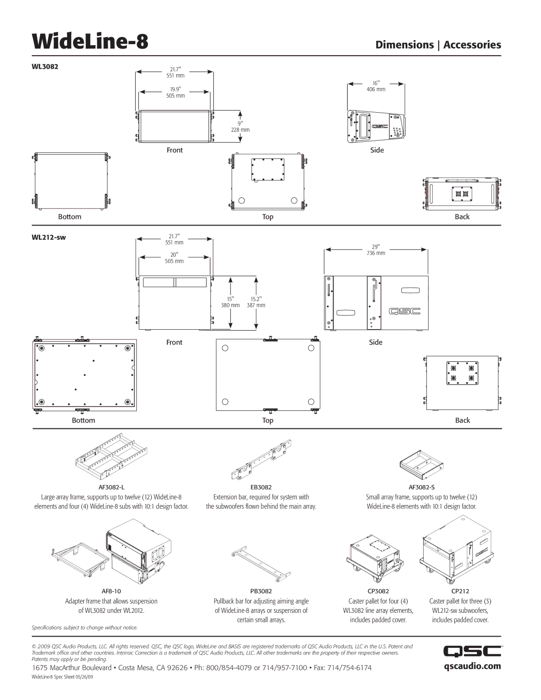 QSC Audio WL212-sw, WL3082 manual Dimensions Accessories, Qscaudio.com 