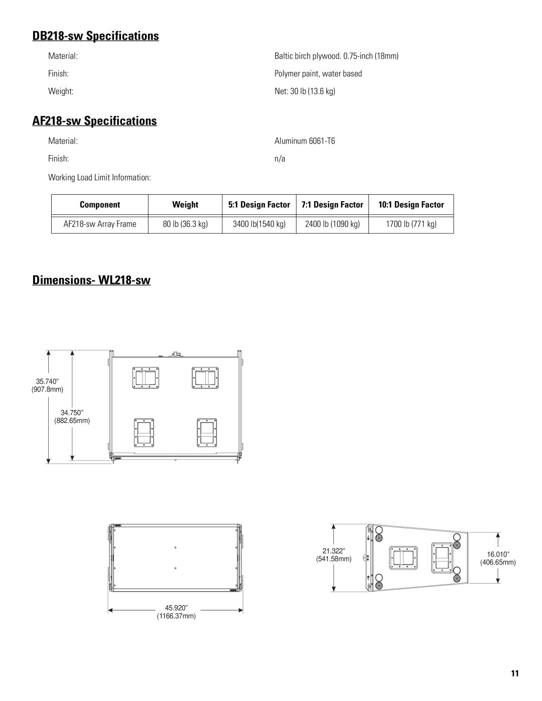 QSC Audio AF218-SW, 369, Speaker System, DB218-SW DB218-sw Specifications, AF218-sw Specifications, Dimensions- WL218-sw 