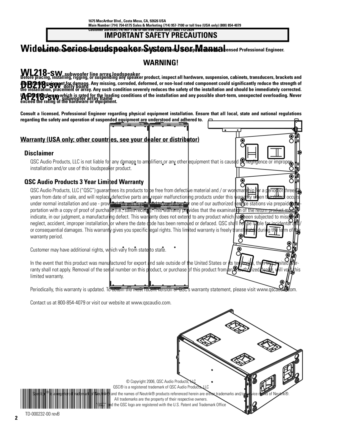 QSC Audio 369, WL218-sw, AF218-SW, Speaker System Important Safety Precautions, QSC Audio Products 3 Year Limited Warranty 