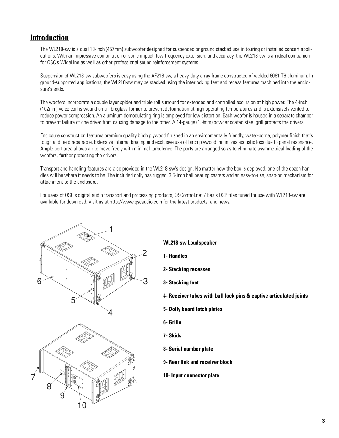 QSC Audio Speaker System, WL218-sw, AF218-SW, 369, DB218-SW user manual Introduction 