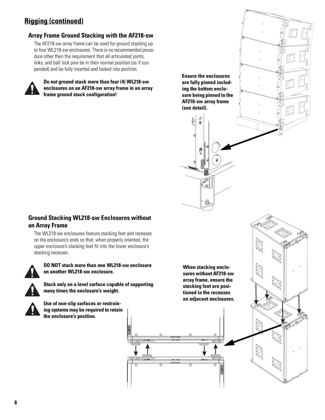 QSC Audio Speaker System, WL218-sw, AF218-SW, 369, DB218-SW user manual Array Frame Ground Stacking with the AF218-sw 