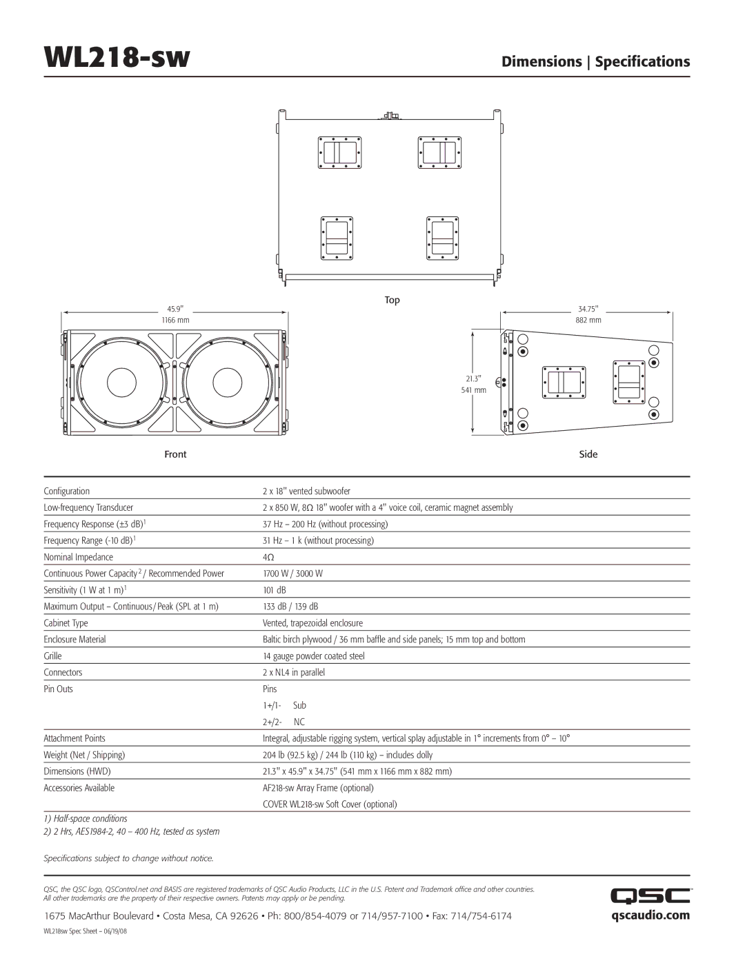 QSC Audio WL218-sw manual Dimensions Specifications, Qscaudio.com, Specifications subject to change without notice 