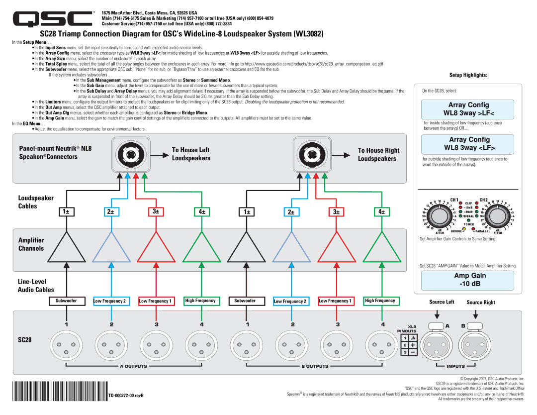 QSC Audio WL3082 manual Array Config WL8 3way LF, Loudspeaker Cables Amplifier Channels, Amp Gain Line-Level Audio Cables 