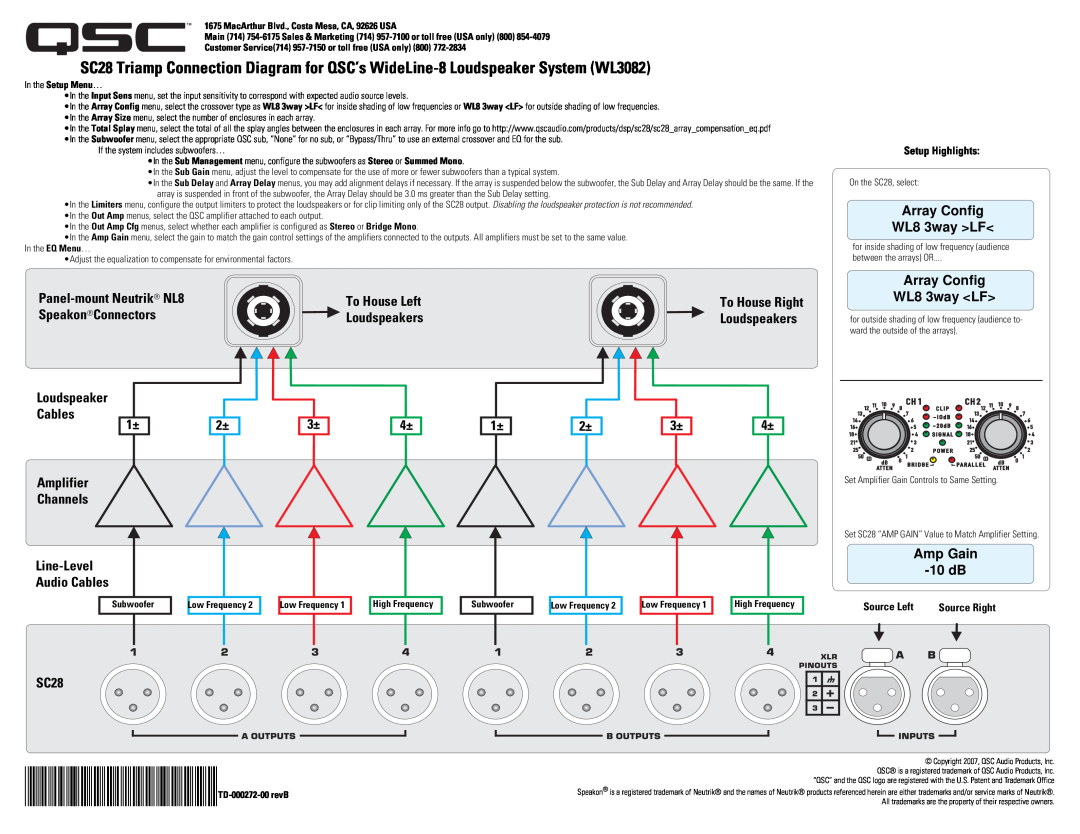 QSC Audio WL3082 manual Array Config WL8 3way LF, Loudspeaker Cables 1± Amplifier Channels, Amp Gain, SC28, 10dB 