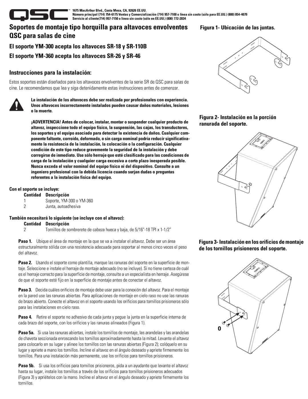 QSC Audio YM-600, YM-300 manual QSC para salas de cine, Figura 1- Ubicación de las juntas 