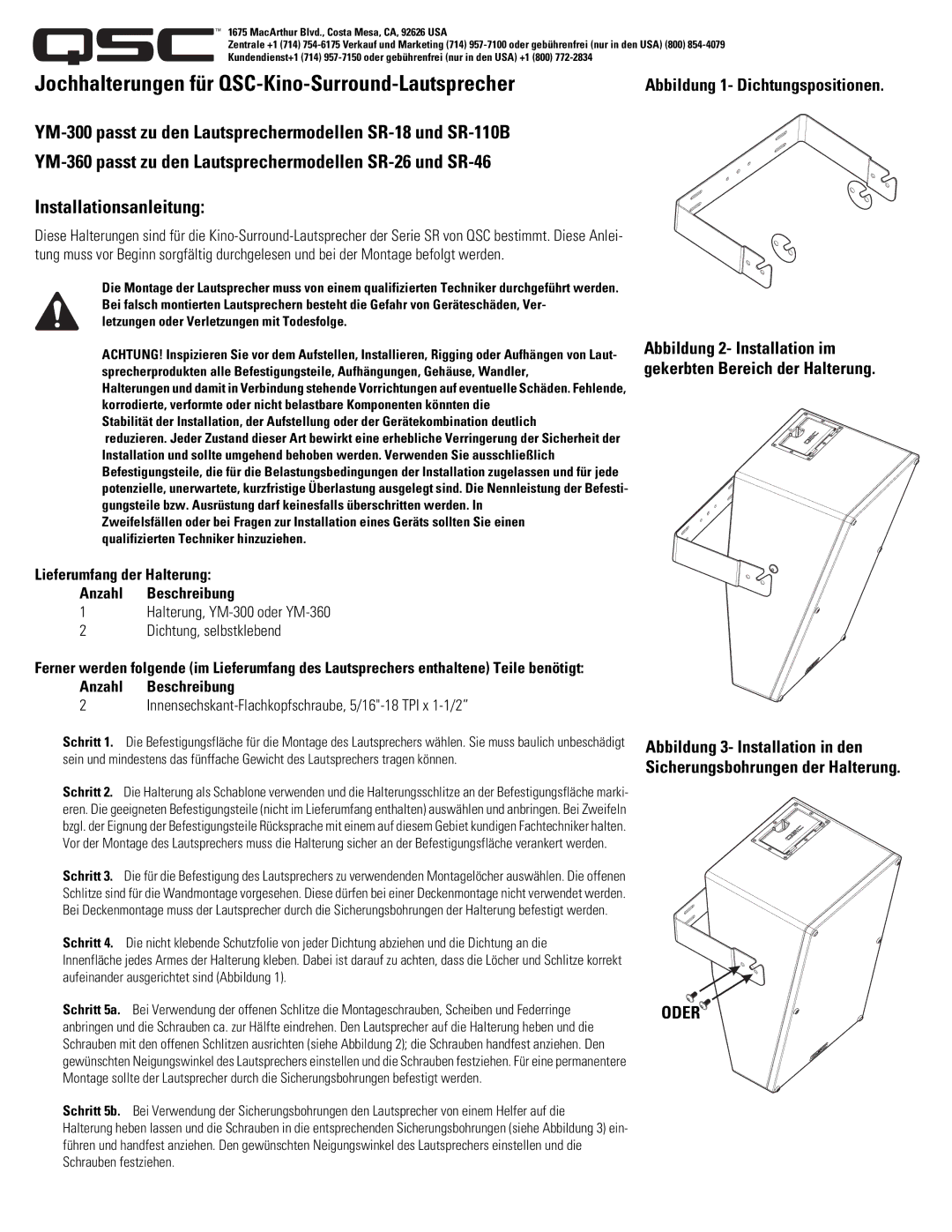 QSC Audio YM-600 manual Jochhalterungen für QSC-Kino-Surround-Lautsprecher, Lieferumfang der Halterung Anzahl Beschreibung 