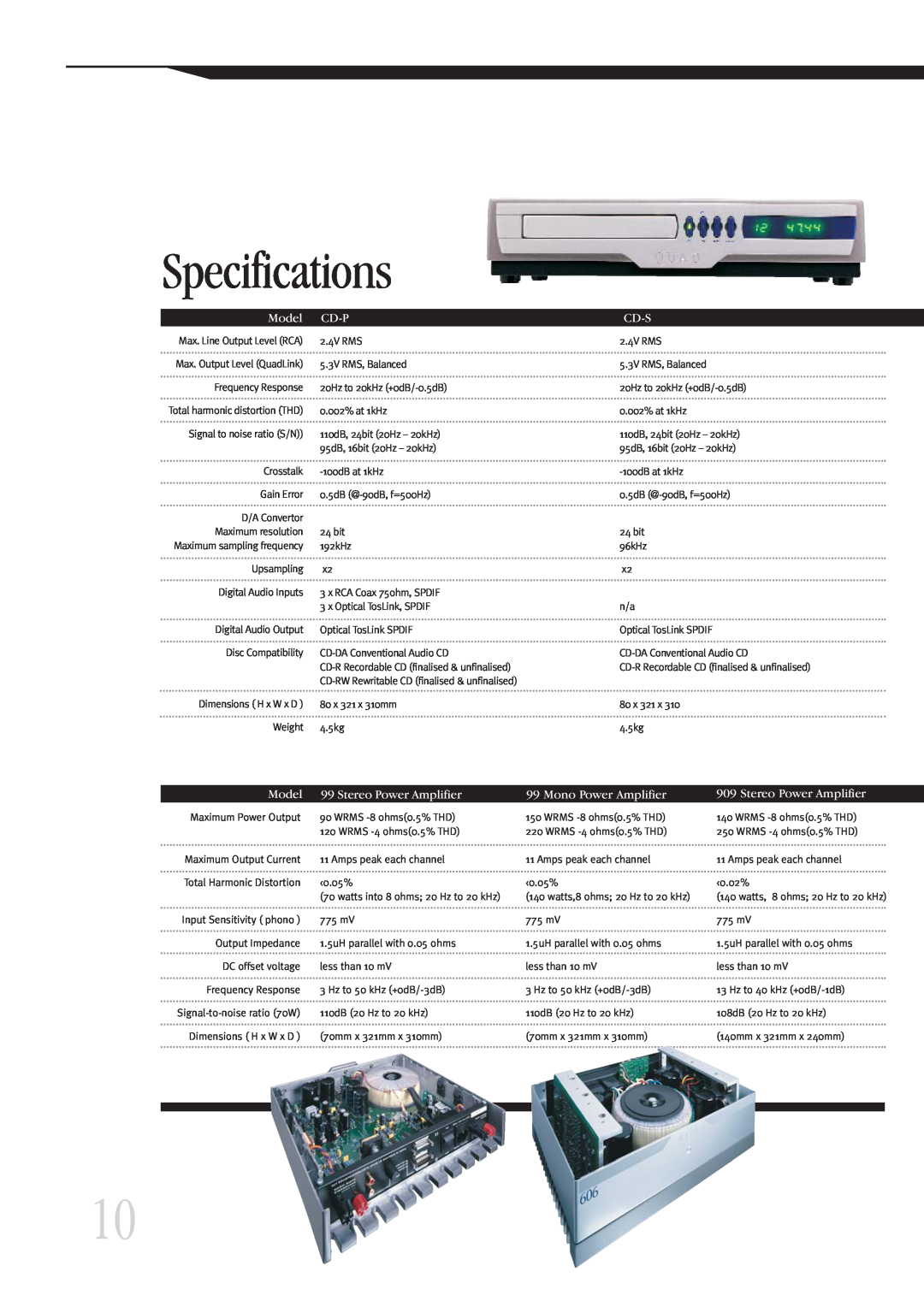 QUAD 99 Series manual Specifications, Model, Cd-P, Cd-S, Stereo Power Amplifier, Mono Power Amplifier 