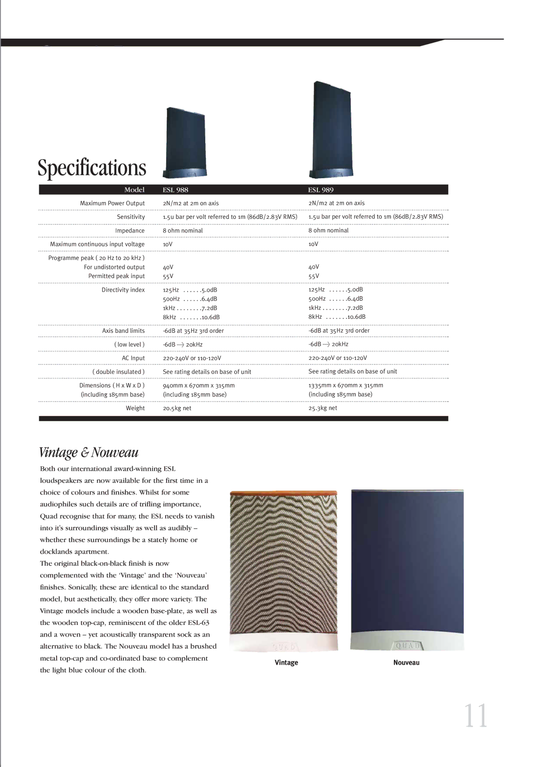 QUAD Classic Series ESL manual Specifications, Vintage & Nouveau 