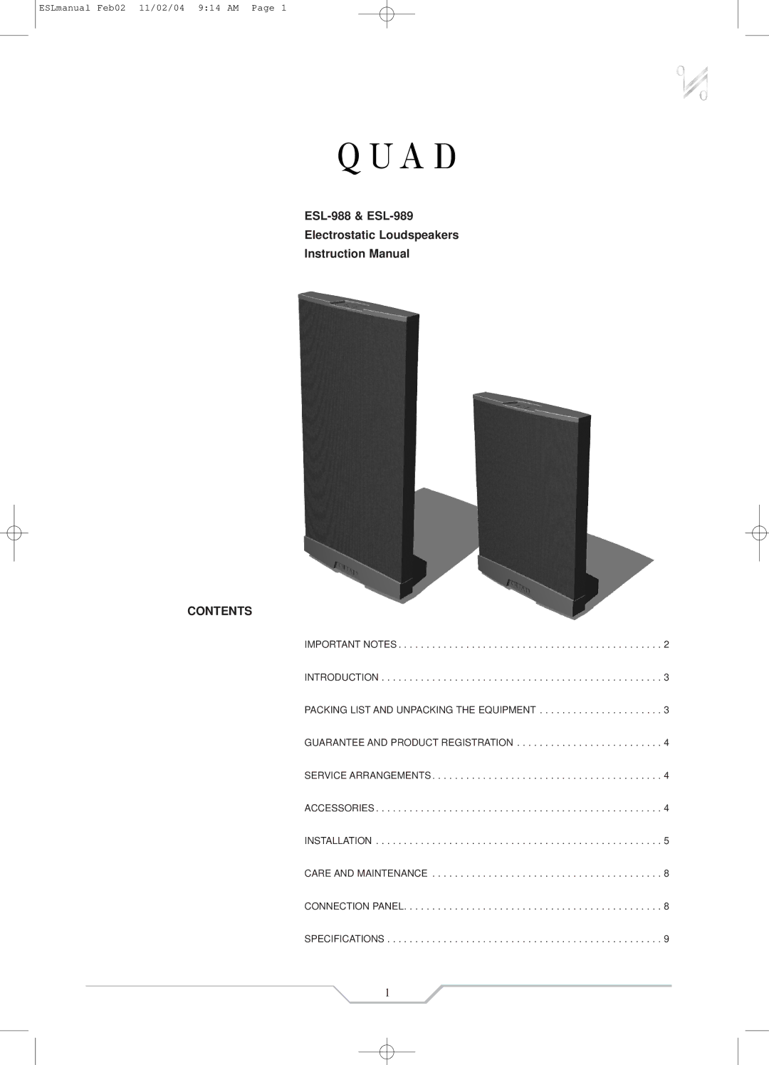 QUAD ESL-989, ESL-988 instruction manual Contents 