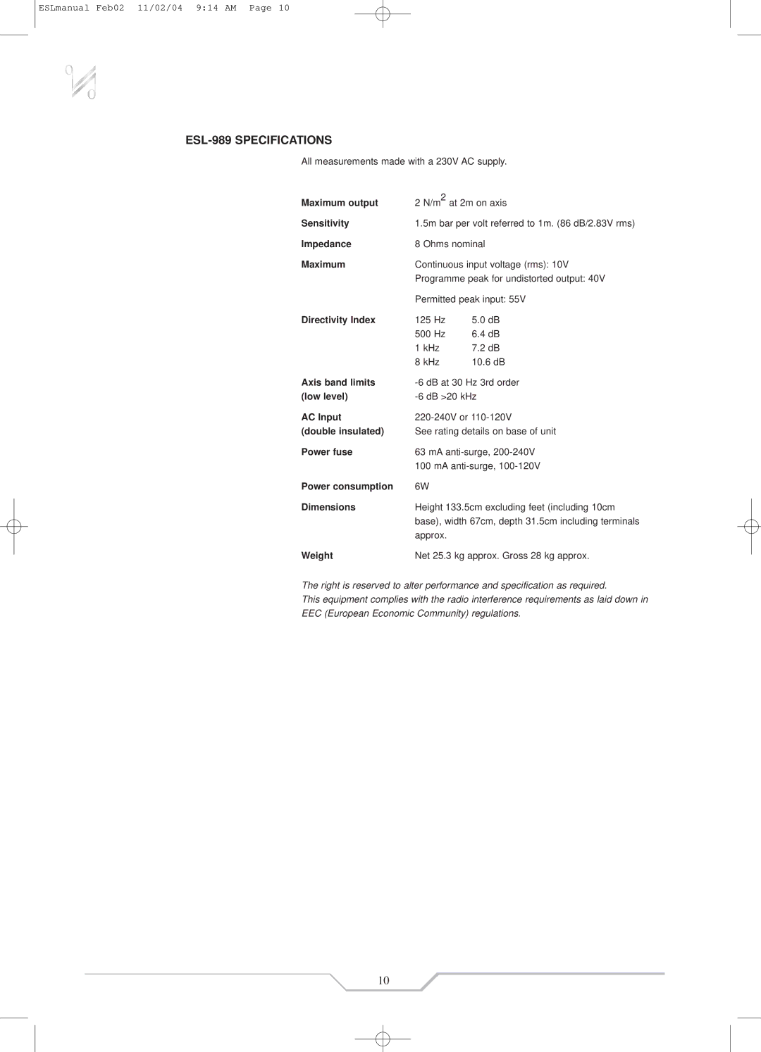 QUAD ESL-988 instruction manual ESL-989 Specifications 