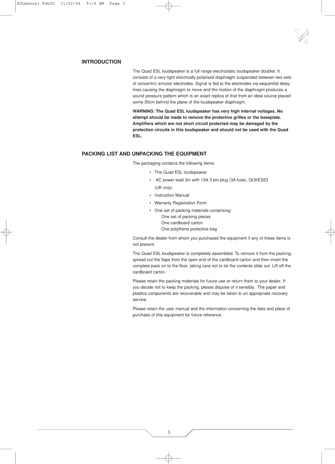 QUAD ESL-989, ESL-988 instruction manual Introduction, Packing List and Unpacking the Equipment 