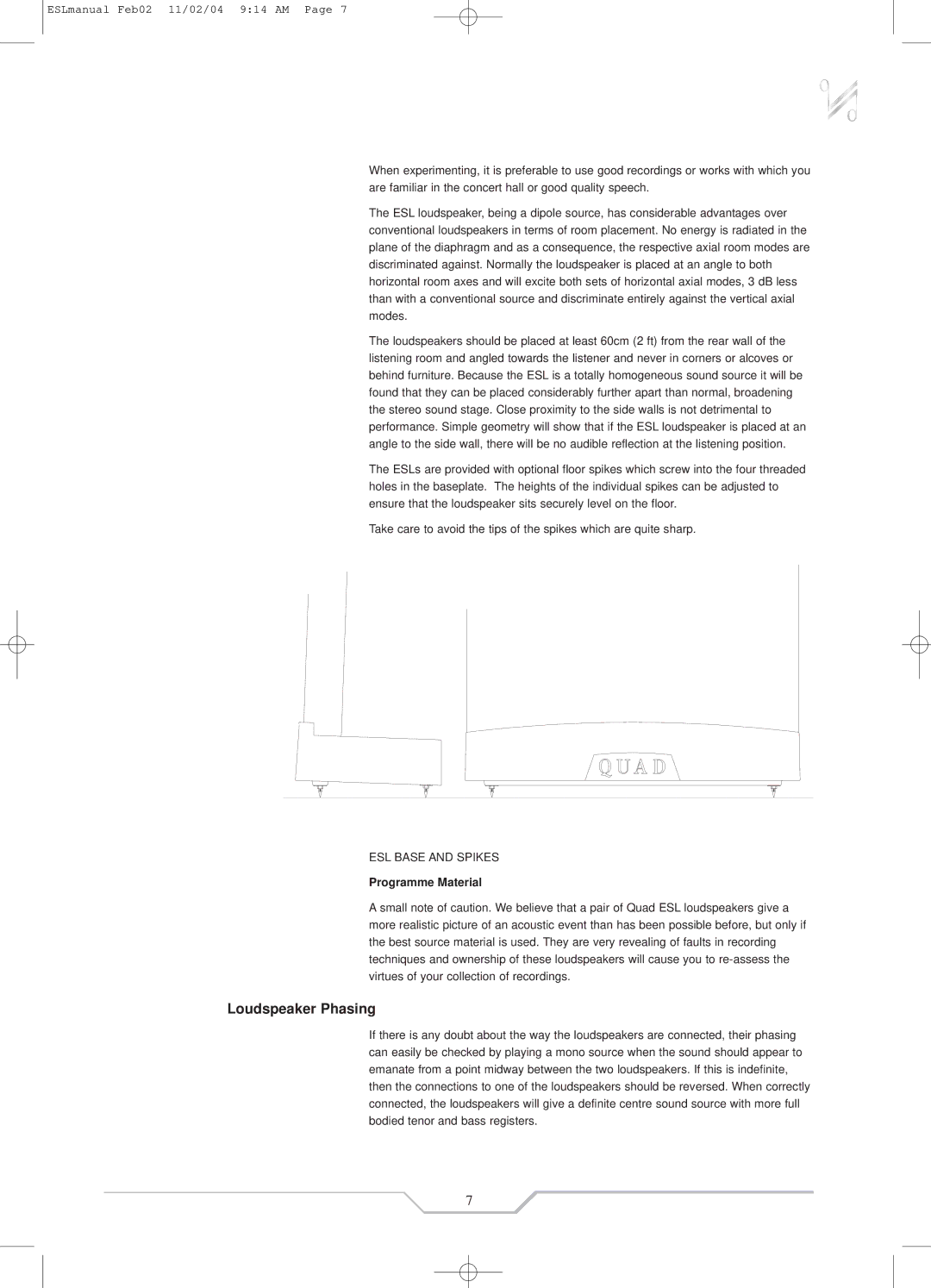 QUAD ESL-989, ESL-988 instruction manual Loudspeaker Phasing, Programme Material 