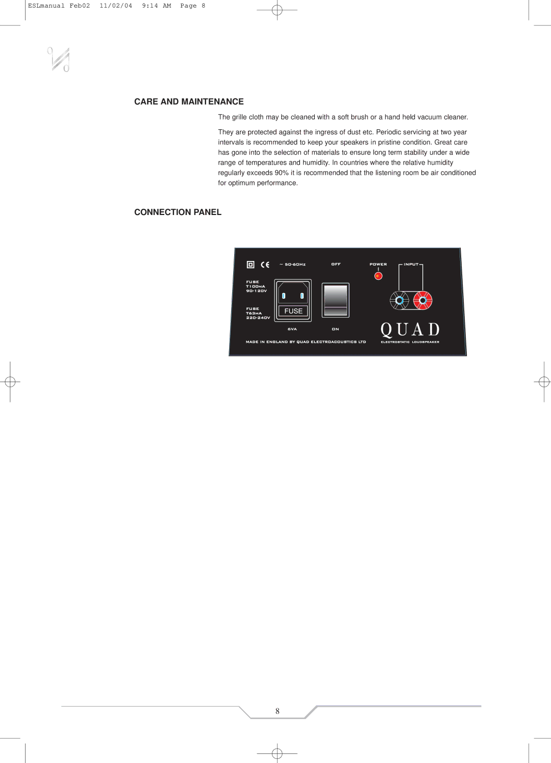 QUAD ESL-988, ESL-989 instruction manual Care and Maintenance, Connection Panel 