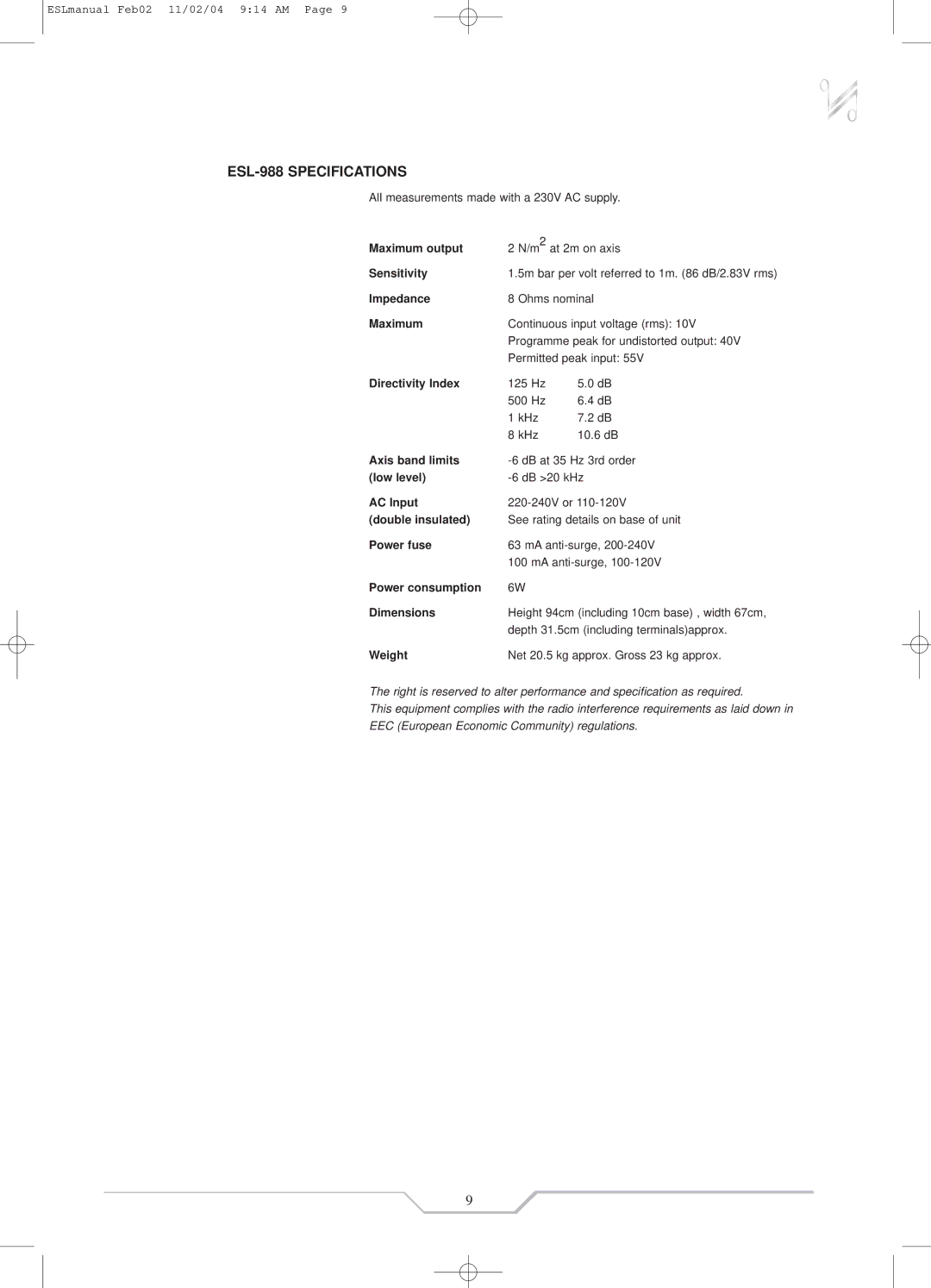 QUAD ESL-989 instruction manual ESL-988 Specifications 