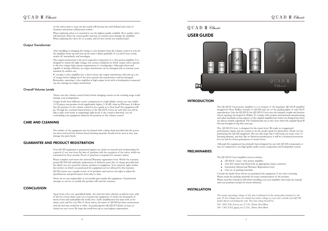 QUAD II Classic owner manual Care and Cleaning, Guarantee and Product Registration, Conclusion, Introduction, Preliminaries 