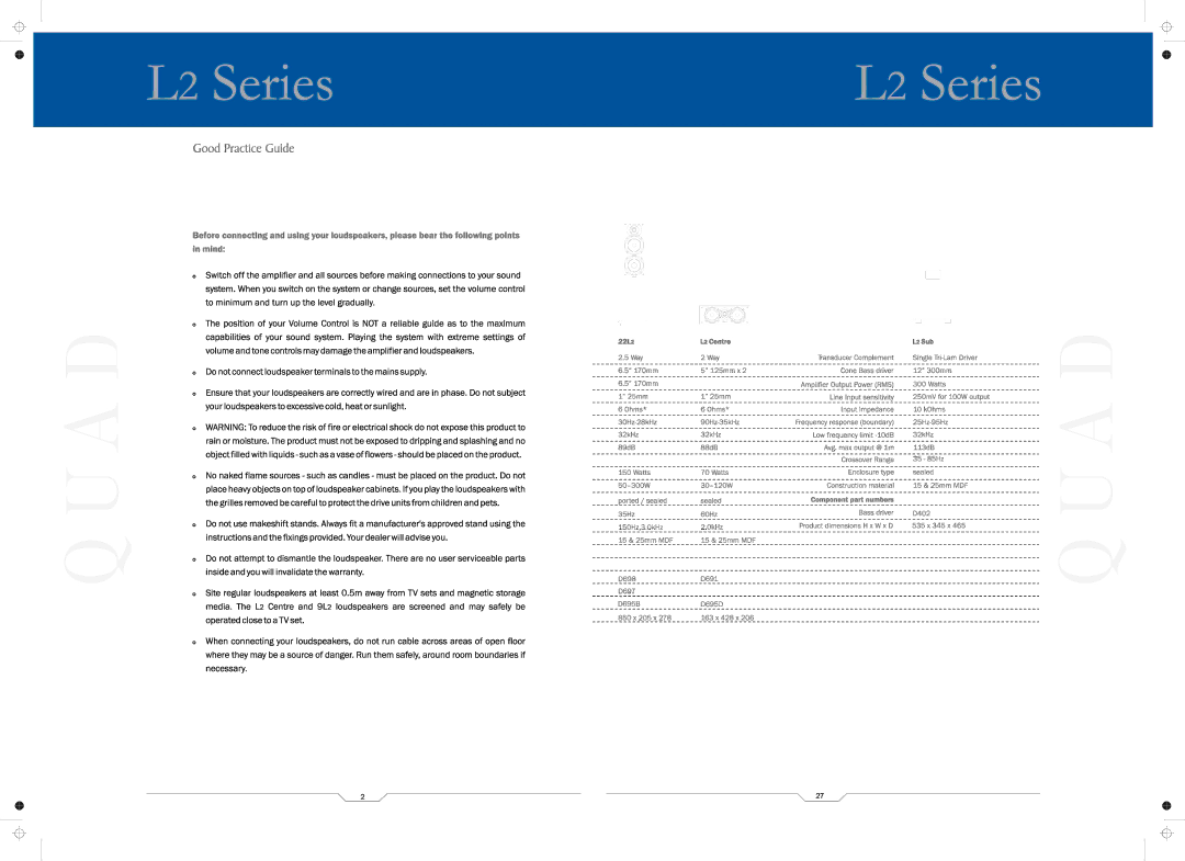 QUAD 21L2, L2 SUB, L2 CENTRE, 11L2, 12L2, 9L2, 22L2 manual 