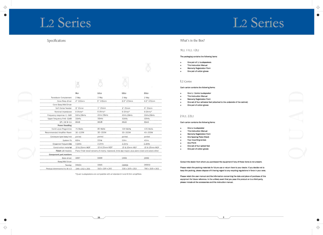 QUAD 12L2, L2 SUB, L2 CENTRE, 21L2, 11L2, 9L2, 22L2 manual 