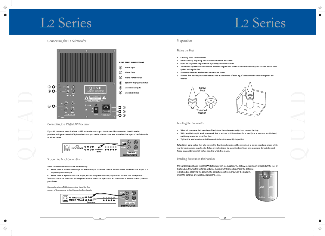 QUAD 21L2, L2 SUB, L2 CENTRE, 11L2, 12L2, 9L2, 22L2 manual 