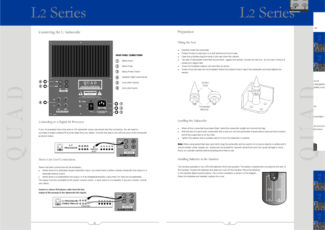 QUAD 21L2, L2 SUB, L2 CENTRE, 9L2, 22L2 manual 